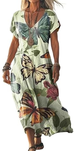 Boho Tunika Kleid Damen Sommer Lang Sommerkleid Damen Elegant V Ausschnitt Maxikleid Kurzarm A Linie Sommerkleider Leicht Und Luftig Maxi Kleider Frauen Bunt Retro Locker Strandkleid Tie Dye
