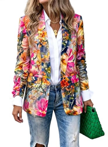 GFZMF Blazer med blommigt tryck, rak passform, 3/4 ärm, Notch Lapel, streetwear, knapplös