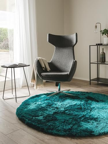 benuta Nest Hochflorteppich Whisper - Türkis Rund 200 cm - Kuschelig Weicher Teppich für Schlaf- und Wohnzimmer - Pflegeleicht - Fußbodenheizung Geeignet