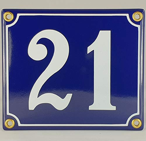 Hausnummer Emaille Schild Nr. 21 Blau-Weiß Handarbeit