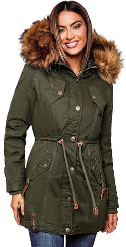 MARIKOO Cálida chaqueta de invierno para mujer, parka, abrigo de piel sintética, capucha B813, verde oliva, XS
