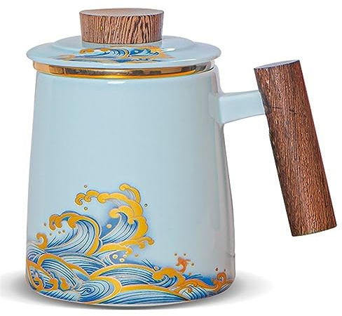 DISDADA Teetasse mit Deckel und Sieb, Große Keramik Teebecher, Losen Tee Oder Beutel tasse mit Sieb Henkel, für liefern Familie Freunde Geschenk (Natural Waves)