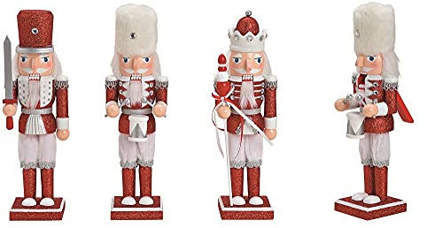 Miss Lovely Lot de 3 figurines décoratives élégantes Casse-noisettes en bois blanc, argenté et rouge à paillettes – Décoration de Noël intérieur moderne pour l'Avent