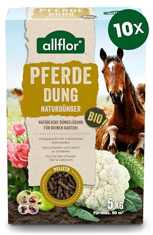 Allflor Pferdedung gekörnt 10 x 5 Kg in Faltschachtel - Pferdemist als Dünger - rein biologisch-organischer Universaldünger - Pferdedünger - Für alle Garten-, Obst- & Gemüsepflanzen