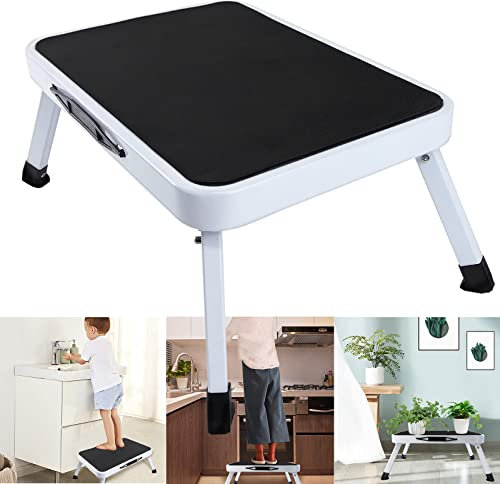 Scala pieghevole a 1 livello, da cucina, da lavoro, pieghevole, in acciaio con gradini gommati, salvaspazio, per bambini e adulti, scala pieghevole antiscivolo fino a 150 kg