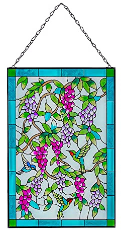 Viveta Kolibri-Buntglas-Fenster-Sonnenfänger mit Kette, Vogel und Blumen, Buntglasscheiben für Fenster, Zuhause, Wandkunst-Dekoration (rechteckig, 38,1 x 25,4 cm)