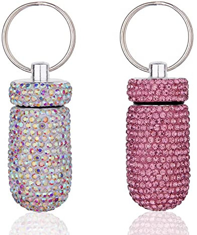 GOUWEIBA 2 Stück Pillendose Klein mit Schlüsselanhänger, Wasserdicht Pillenbox Tablettenbox, Bling Strass Tragbare Reise Mini Pillenhalter Tablettendose für Reisen Unterwegs Outdoor (Rosa + Silber)