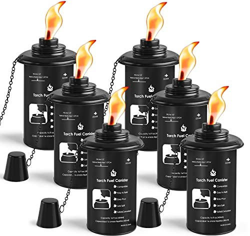 ZSZMFH 16oz Torch Canisters, 6 Pack Bamboo Torch Refillable Replacement Canister, Outdoor Citronella Fuel Torch Canister with Wicks and Covers,for Luau Party, DIY Garden Decor.