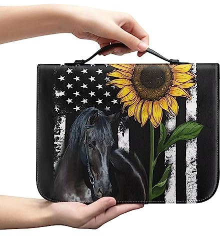 COEQINE Sonnenblume Bibelhülle für Frauen Leder Bibelhülle Etui Schwarz Pferd US Flagge Druck Buchhülle für Bibel Reisen 16 x 23,4 cm