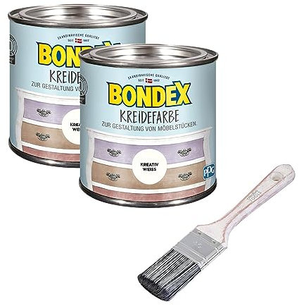 Bondex 2er-Set Kreidefarbe 0,5 L Kreativ Weiss mit Flachpinsel | Möbelfarbe für den Innenbereich | Leichte Verarbeitung für kreative DIY-Priojekte | Vintage-Look | Shabby-Chic