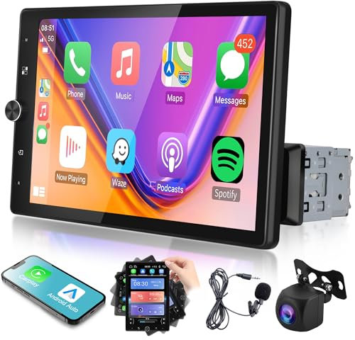Autoradio 1 Din mit A-pple Carplay Android Auto 10.4 Zoll Drehbarer Touchscreen Autoradio mit IOS/Android Mirror Link Bluetooth FM Radio USB/AUX/EQ/Sprachsteuerung Lenkradsteuerung Rückfahrkamera