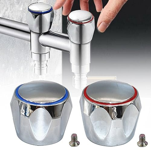 2 PCS Hot & Cold Tap, Top Head Faucet Cover Set, Chrome Plated Sink Tap Standard Hot Cold,Red and Blue Top for Leaking Aging Taps, Kitchen Bathroom Replacement Taps Hole Cover
