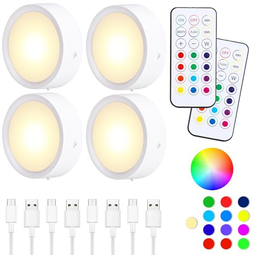 Zawaer Schrankbeleuchtung, 4Pcs Unterbauleuchte Küche Led, 13 Farben Dimmbare,mit 2 Fernbedienung, 4 USB-Kabel,Küchen Touch-Lichtmit,mit Timer,Magnetisches (Mit Metallaufkleber)
