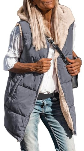 shownicer Lang Jacke Weste Damen Reversibel Sherpa Fleece Lang Wendeweste mit Kapuze Winter Warm Ärmellos Gefüttert Westen Fleeceweste Plüschweste Outwear Daunenweste A Grau XL