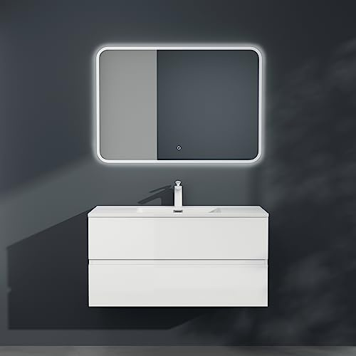 Mai & Mai Badmöbel-Set Waschtisch mit Unterschrank inkl. Soft-Close | Waschbeckenunterschrank 80x48x50cm Weiß Matt, mit Waschbecken aus Mineralguss und LED-Spiegel, 2 Schubladen Aqualis