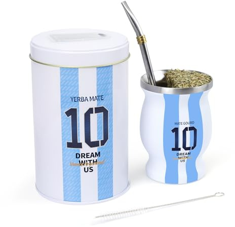 Cuopru Hochwertiges Yerba Mate Kürbis-Set – inklusive Argentinien-Kapitän Nr. 10 Mate Tasse und Yerbero (Teedose), Bombilla (Strohhalm), Reinigungsbürste