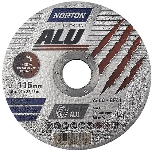 Norton Disco da taglio professionale in alluminio A60Q – BF41 115 mm x 1 mm sottile per smerigliatrice angolare