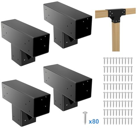 Pergola Kit T Shaped 4x4(Actual: 3.64x3.64)-4 Pack Pergola Bracket 4x4-3 Way DIY Woodworks Gazebo Brackets Kit with Screws for Wood Beams-Elevated Wood Stand T Brackets for Sunroom Carport Cabin
