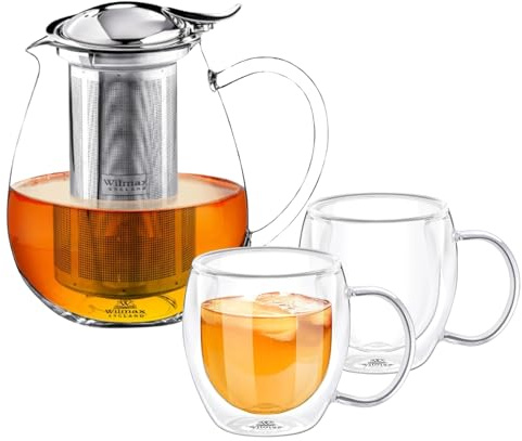 Wilmax - Tetera de 1,3 L con filtro y 2 vasos térmicos de 400 ml, para té suelto, totalmente transparente, filtro extraíble, función de jarra, apto para lavavajillas, idea de regalo