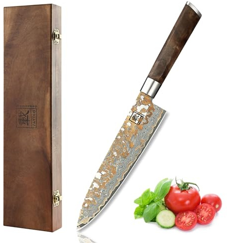 zayiko MysticMagma Chefmesser 20 cm Klinge, 67 Lagen Damaststahl, VG10-Kern | Kupfer-Bronze-Einlage, DualCurve-Griff aus Ahornwurzelholz, 60 ± 2 HRC und 15° V-Schliff je Seite für Druck- und Zugschnitte