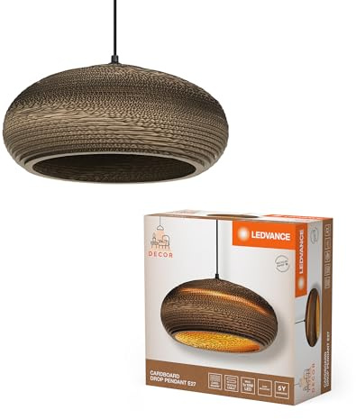 LEDVANCE Decor Cardboard Drop marrón de cartón ondulado, ligera, E27, 400 mm de diámetro, pantalla de material reciclado, sostenible gracias a una fuente de luz reemplazable, fácil de instalar