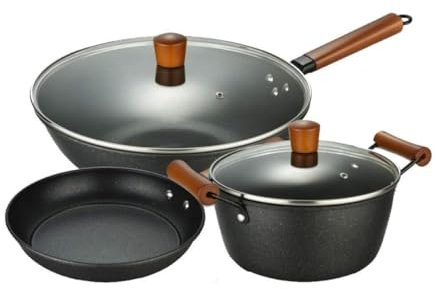 RUVOO Batteria di Pentole, 3 Pezzi Set di Pentole Pentola per Zuppa con Coperchio in Vetro Wok Padella Pietra Medica in Ferro Battuto Pentola Antiaderente Set da Cucina Utensili Cucina Set Pentole