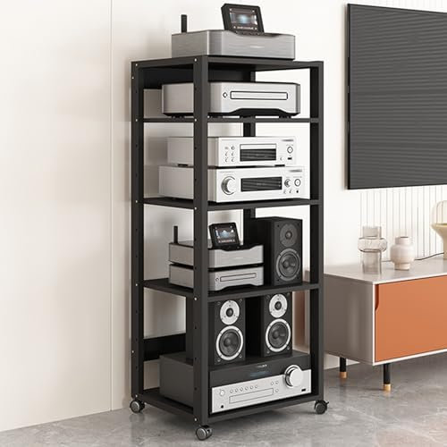 Mobile Hifi Stereo Rack Vintage Legno 4/5 ripiani con Ruote Supporto Multimediale AV con Ripiano Regolabile per Riporre Componenti Stereo di Intrattenimento/Giradischi/Ricevitore/Vinili(50x40x131cm/19