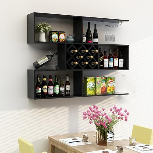Rustikales Weinregal aus Holz mit Glashalter, Wandmontage, multifunktionales Regal für Likör, Wohnzimmer, Bar, Küche, großer Barschrank, Organizer, Teakholz-Finish (140)
