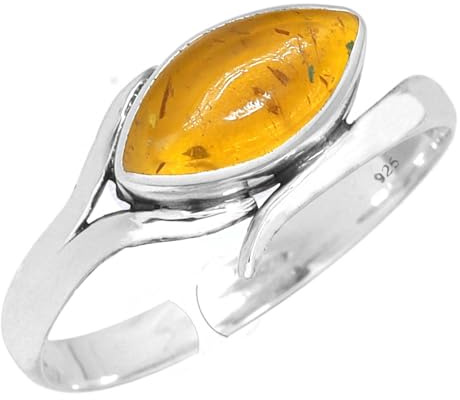 Anello regolabile in argento e ambra arancione Jeweloporium, anello in argento sterling 925 per donna, gioielli boho con pietre preziose Marquise
