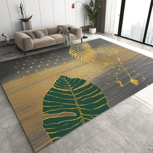 Monstera Tappeto verde con piante tropicali dorate, 200 x 290 cm, grande, lavabile, antiscivolo, per soggiorno e camera da letto, facile da pulire, decorazione per il pavimento della casa