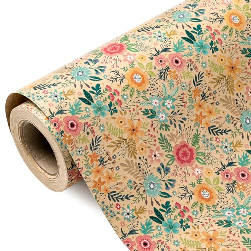 RUSPEPA Kraft Floral Wrapping Paper Roll - Mini Roll - 43.2cm x 3m - Spring Summer Garden Flower Design Perfect for Wedding, Bridal Shower, Birthday