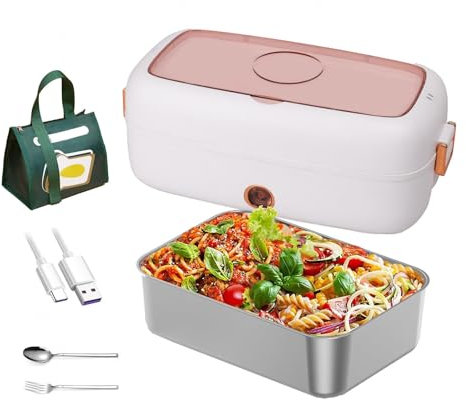 LFLIFENG Fiambrera Electrica Coche Adecuado para Portátiles De 12 V/24 V, Fiambrera Aislamiento Térmico De Larga Duración Alimentado por USB, Tartera Electrica Comida Trabajo,White