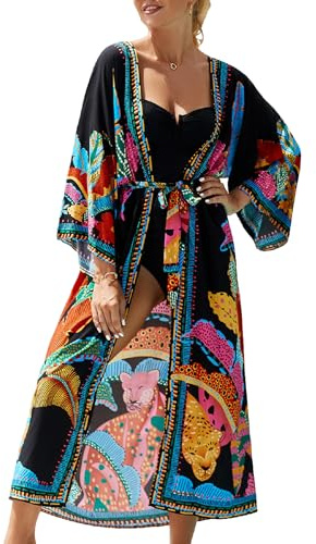 Jarseila kaftan dam strandklänningar lång kofta boho kimono cardigan strand sommar bikini täcka maxiklänning casual, svart, one size