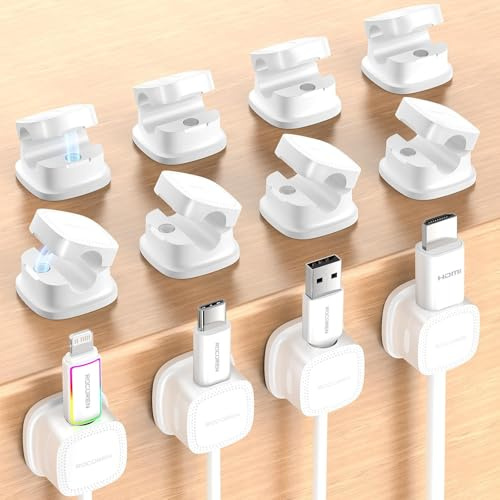Rocoren Kabelhalter Selbstklebend kabelhalter Starker Magnetisch Kabelmanagement Kabelclips Organizer Holder für Schreibtisch, Nachttisch, Office, Büro, Ladekabel, HDMI, Audiokabel 12 Stück Weiß