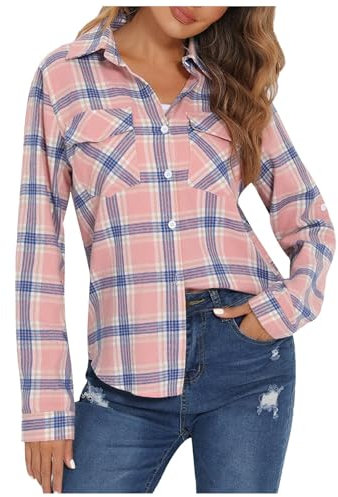Generisch 2025 - Chemise Boyfriend décontractée enroulable à manches longues en flanelle avec boutonnière - Chemisier ludique pour femme, Rose clair, XL