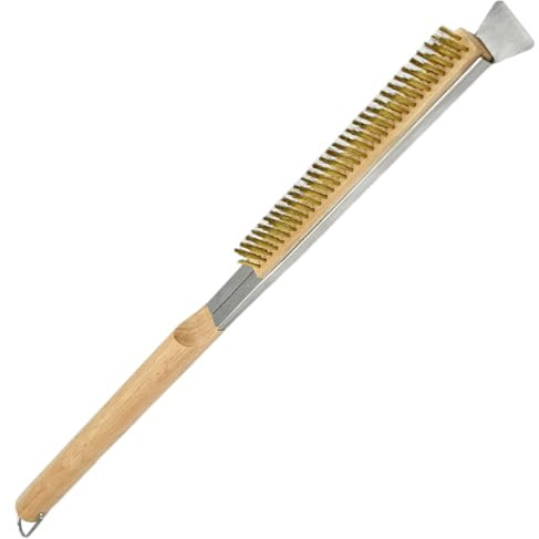 Pizza Oven Brush with Scraper, 21 Inch Copper Wire Pizza Stone Brush with Wood Handle Portable Stone Scraper Oven Accessories