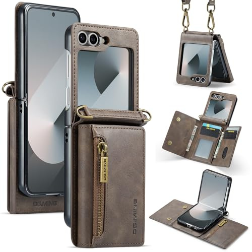 Étui portefeuille pour Samsung Galaxy Z Flip 7, coque en cuir mat avec fermeture à glissière, bandoulière détachable, design boucle - café