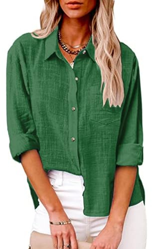 Chemise Noire Femme Chemise Lin Femme Col V Bouton Manches Automne Longues Tops Couleur Unie Lâche Respirant T-Shirts Grande Taille Casual Coton Tunique Double Poche Versatile Blouse Vert Xl