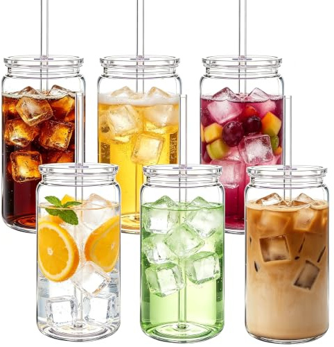 Yisituo 500ml Plastic Cups with Lids and Straws, Reusable Iced Coffee Cups, BPA Free for Smoothies, Hot/Cold Drinks, Cola, Juice, Soda, 6 Pack (6, Clear)