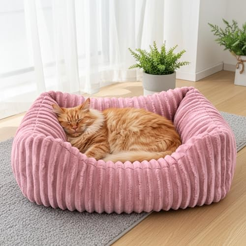 4L Textil Bella Plüsch-Katzenbett Premium-LINE Kuscheliges Katzenkörbchen aus Cord Katzenkorb Katzenbett flauschig Katzenhöhle (Rosa, 60x40 cm)