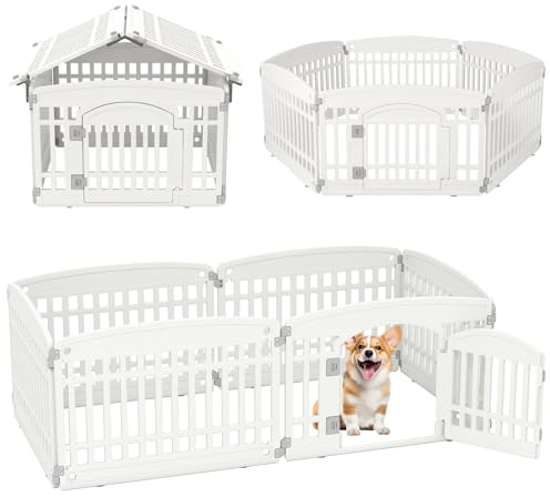 GYMAX Welpenlaufstall 60/75 cm hoch, Laufgitter Hund mit 6 Paneelen, abschließbarer Tür & Bodennägeln, Indoor Outdoor Hundelaufstall für Wohnung, Einfache Installation, Weiß