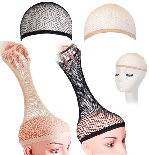 WUERKIYA Cuffia per Parrucca Rete Elastica 4 Pezzi, retine Capelli per Parrucca Lunga e Corta, Colore Nero e Beige, Accessori per Cosplay e Uso Quotidiano