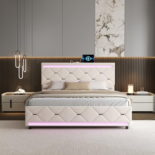 Letto Matrimoniale 140x190 con Contenitore, Letto Imbottito 140x190 con LED e Ricarica USB Letto Contenitore con 4 Cassetti Struttura Letto Matrimoniale con Doghe e Testiera (Bianco sporco, Velluto)