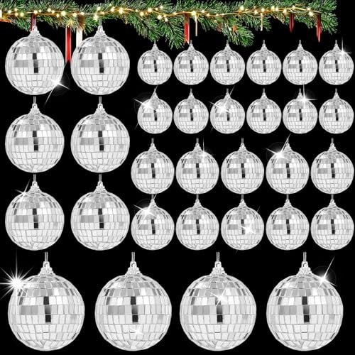 GETRICH 32 Stück Discokugeln Set, Silber Mini Discokugel Deko | 2,3cm 3cm 4cm 5cm Glänzend Discokugel Klein mit Seil, Discokugel für Kuchendekoration, Urlaubsdekoration, Bar, Party