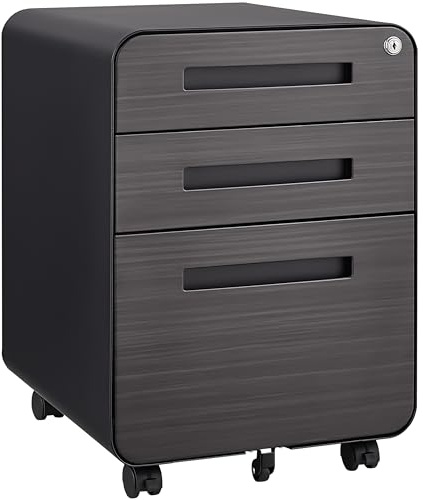 Rullcontainer arkivskåp i metall med 3 lådor och 5 hjul, låsbart kontorsskåp, under skrivbord, kontorsskåp för hem och kontor, 46 × 40 × 58 cm (svart + grå)