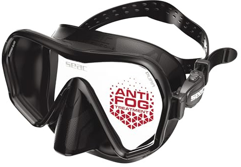 SEAC Pura – Máscara de Buceo de Silicona sin Marco y con Lente Única | Máscara Antivaho de Volumen reducido para Buceo y Snorkel con Hebilla 3D, Negro