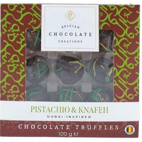 Dubai Belgian Chocolate Creations, Tartufi al Cioccolato al Latte e Pistacchio e Knafeh, Confezione Regalo da 100g, 12 Pezzi, 12,5x12x3cm (Cioccolato fondente)