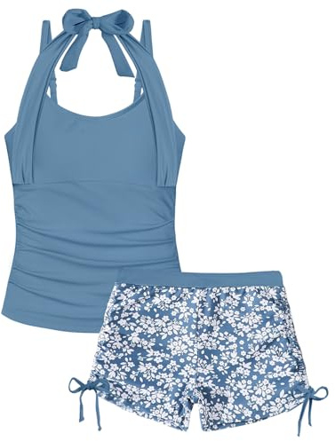 Girls Swimming Costume Padded Bras 7-15 Years, Two Piece Drawstring Halterneck Girls Tankini Swimsuit with Boy Shorts Kids Bathing Suit