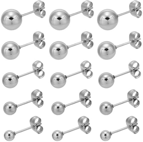SOFPLATE 1 Caja de 25 Pares de Pendientes de Bola Hipoalergénicos de 5 tamaños, Juego de Pendientes de Acero Inoxidable con Cierre de Mariposa, de 4 a 8mm, Redondos Y Pequeños de Plata para Cartílago