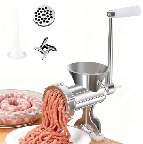Yunlaishaocer Picadora de Carne Manual, Picadora Carne Manual Inoxidable con 1 Tubo para Embolsar Salchichas,1 Disco de Corte,Doméstica PicadoraManual de Carnes para Picar Pollo,Ternera y Verduras